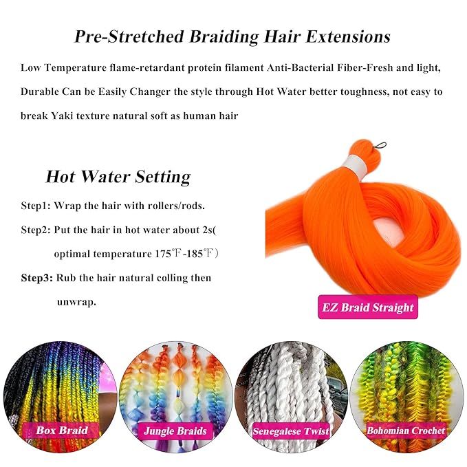 Orange Braiding Hair Pre Stretched Kanekalo Color Braiding Hair Extensions for Braiding Box Braids Micro Crochet Hypoallergenic Jumbo Knotless Kids Pre Curled Prestressed Braiding Hair 26 inch