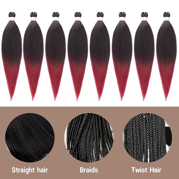 Pre Stretched Braiding Hair Ombre Black to Burgundy Braiding Hair,Professional Hair Extensions Hot Water Setting Synthetic Fiber Crochet Twist Braids(24Inch,1B/900#)