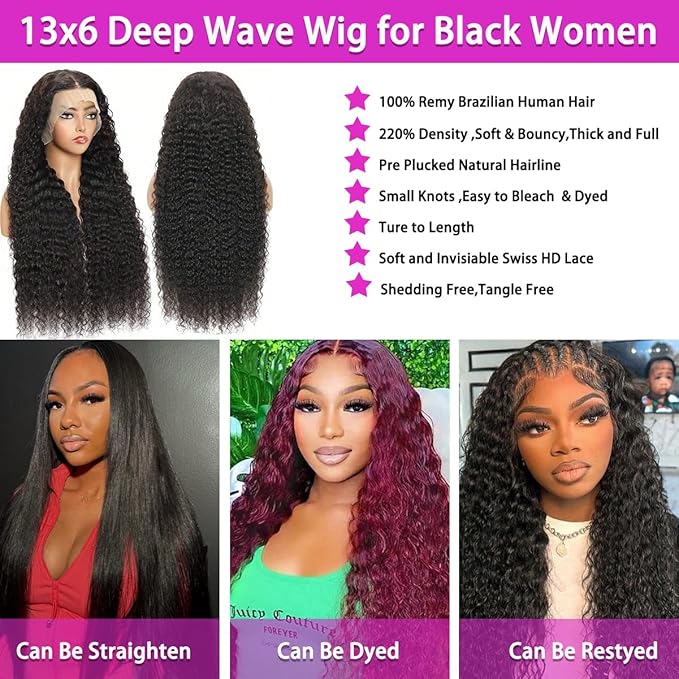 Deep Wave Lace Front Wigs for Black Women Human Hair 210% Density 13x6 HD Lace Frontal Deep Curly Wigs Wet and Wavy Glueless Wigs Human Hair Pre Plucked with Baby Hair 26Inch