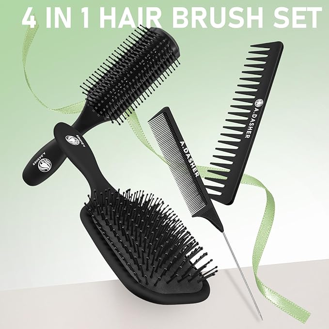 4Pcs Paddle Hair Brush Set, Detangler Brush and comb-Detangling Hairbrush for Wet Dry Long Thick Thin Curly Natural Hair(Black)