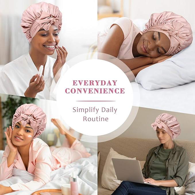 Satin Hair Bonnet with Wide Band Silk Sleeping Bonnets Hair Wrap for Women Girls Night Cap with Tie Band Satin Bonnet (Light Pink)