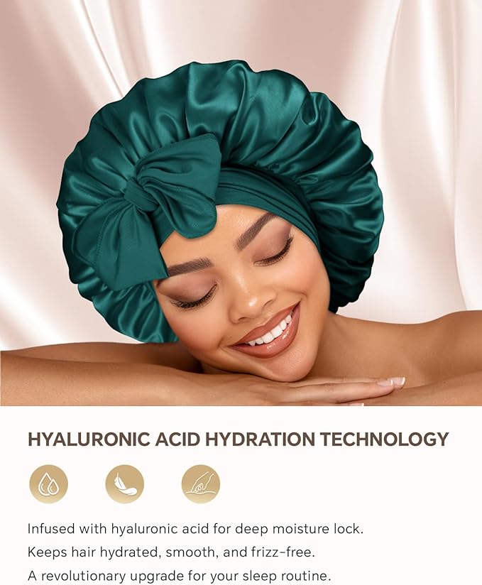 Silk Bonnet for Sleeping Women Double Layer Hyaluronic Acid Satin Bonnet with Adjustable Tie Band Sleep Cap for Curly Hair