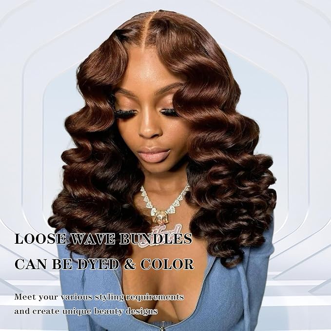 Brown Bundles with Closure Human Hair Loose Wave Human Hair Bundles with Closure (16 18 20+14）12A Brazilian Virgin Hair Light Brown Loose Deep Wave 3 Bundles with 4x4 Closure 4# Color
