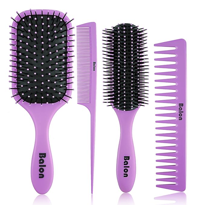 4Pcs Detangling Hair Brush Set for Women - Paddle Brush for Wet or Dry, No More Tangles for Straight, Long, Thick, Curly, and Natural Hair (Purple)
