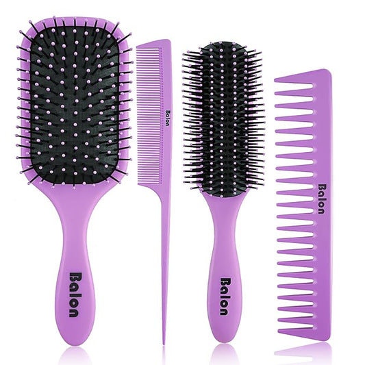 4Pcs Detangling Hair Brush Set for Women - Paddle Brush for Wet or Dry, No More Tangles for Straight, Long, Thick, Curly, and Natural Hair (Purple)
