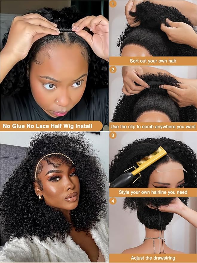 Kinky Curly Half Wig Human Hair Upgrade 4C Edge Hairline 200% Density Wear Go Glueless 3 In 1 Drawstring Seamless Flip Over Wig for Women Daily Wear Headband Wig Beginner Friendly (18 inch)