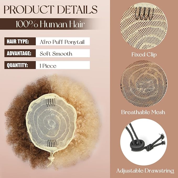 Ponytail Extension for Black Women #P4-613 Half Medium Brown Half Bleach Blonde 4c Human Hair Durable Natural Soft and Smooth Afro Chignon Hairpieces