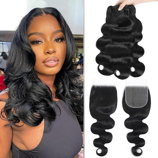 12A Human Hair Bundles with Closure Body Wave Bundles 12 14 16+12 Inch 5X5 HD Lace Closure Human Hair 100% Brazilian Virgin Hair Extensions 3 Bundles Deals Hair Quick Weave Bundle for Women