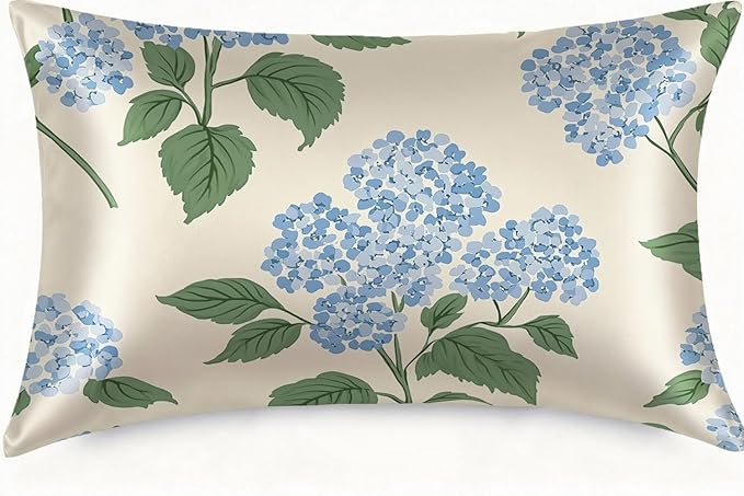 Silk Pillowcase for Hair and Skin Blue Hydrangea Flowers and Leaves Satin Pillowcase Standard Size with Zipper Silky Soft Cooling Satin Pillowcase Sleeping for Women 20"x26"