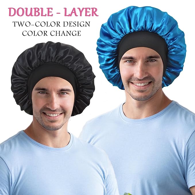 2pcs Bonnet for Men, Bonnets for Women, Satin Silk Hair Bonnet for Sleeping, Reversible Double Layer Wide Band Sleep Cap for Curly Hair Braids