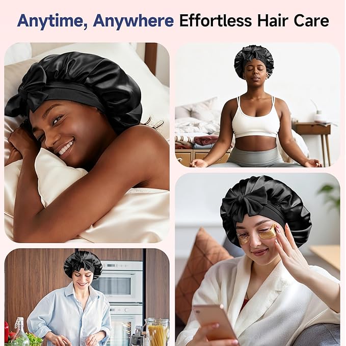 Umisleep Silk Bonnet, Soft Hair Bonnet for Sleeping, Real Mulberry Silk Lining, Bonnets for Women Hair Care, Double Layer Hair Cap with Tie, Large Silk Hair Wrap for Curly Long Hair, Black