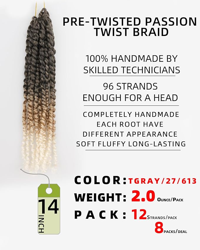 14 Inches 8 Packs Passion Twist Crochet Hair for Black Women and Kids-3 Tones Ombre Gray to Blonde to Off-white, Pre Looped Pretwisted Crochet Hair(14"-8 Packs,Gray/27/613)