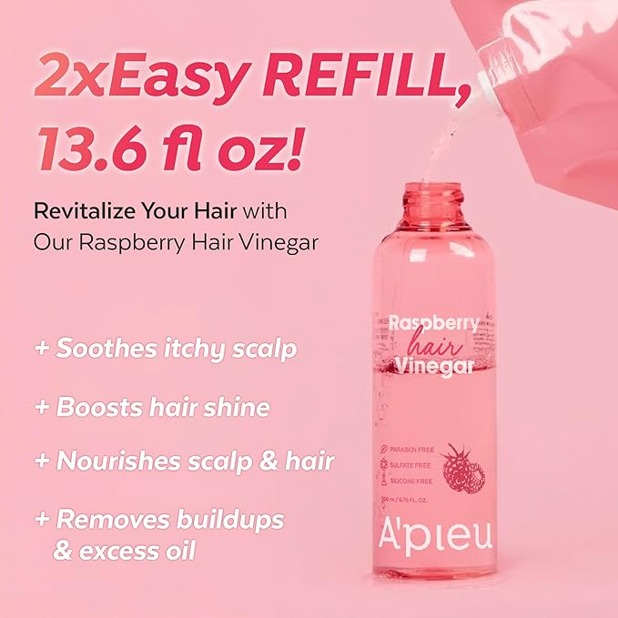 A’PIEU Raspberry Hair Vinegar Rinse & Refill Set – Deep Scalp Clarifying, pH-Balancing Care, Controls Oil & Buildup, Leaves Hair Silky-Soft, Shiny & Fresh | Korean Haircare (6.76 / 13.6 fl oz)