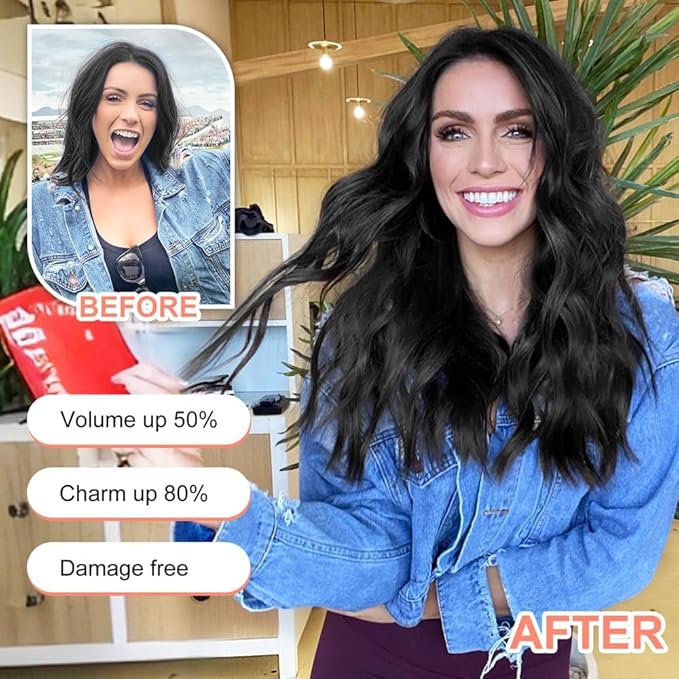 ALXNAN Clip in Long Wavy Synthetic Hair Extension 16 Inch Black 4PCS Thick Hairpieces Fiber Double Weft Hair for Women