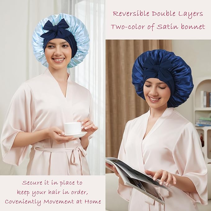 Satin Bonnet with Tie Band,Silk Hair Bonnet for Sleeping Women,Bonnets for Women,Double Layer Sleep Cap for Braids Curly Hair