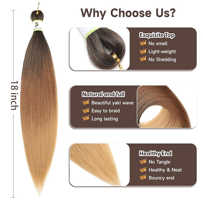 Pre Stretched Braiding Hair With Yaki Texture, 18inch Ombre Braiding Hair Pre Stretched 8packs, Blonde Brown Professional Hair Extension for Corochet Braid (T1 30 27)