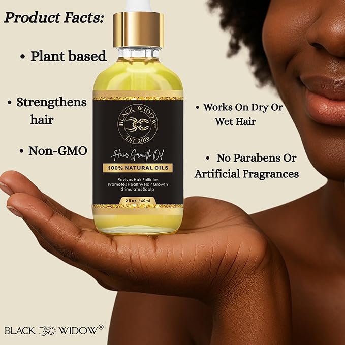 Black Widow Hair Growth Oil 2 oz – All-Natural Follicle-Stimulating Blend with Botanical Oils & Vitamins – Reduces Thinning, Builds Density & Length