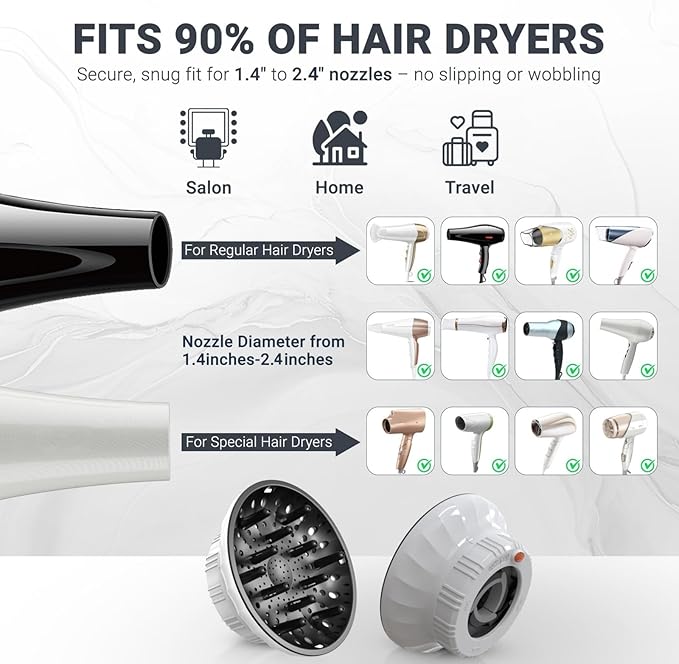 Universal Hair Diffuser: Hair Dryer Diffuser Attachment for Curly & Wavy Hair, Fits 1.4-2.4 Inch Nozzles, Ideal for Long Thick Hair, Hair Styling Tool，White