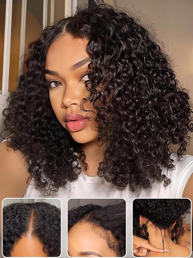 Julia Hair EasiContour 12A V Part Jerry Curly Glueless Wigs Human Hair Clip in Half Wig No Leave Out Vpart Wig Upgrade U Part Human Hair Wig for Women No Glue Beginner Friendly Natural Color 14 Inch