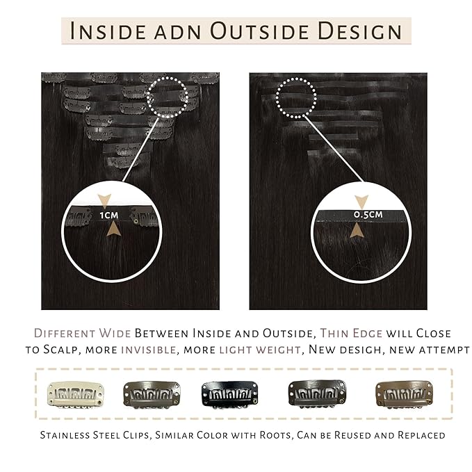 Caliee Human Hair Extensions - 7Pcs Invisible PU Weft Clip-in, Dark Brown, 22 Inch, 110G Seamless, Fluffy & Not Tangled for Short Hair