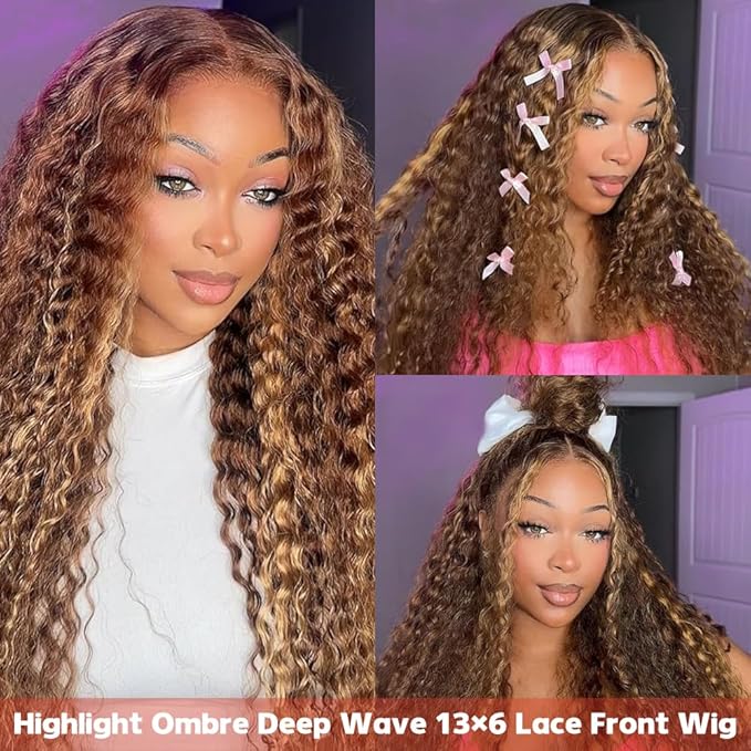 Highlight Ombre 13x6 Lace Front Wig Human Hair Deep Wave Honey Blonde Glueless HD Transparent Lace Frontal Wigs for Women 180 Density Human Hair (highlight ombre deep wave, 28 inch)