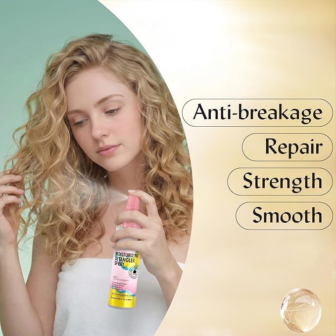 Moisturizing Detangler Spray for women, Curly Hair Detangler Spray with Rice Water, Keratin & Castor Oil - Curl Care Formula for Anti-Breakage, Repairs & Smooths, 6.08 oz