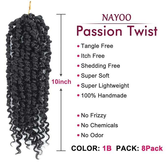 Passion Twist Hair - 8 Packs 10 Inch Passion Twist Crochet Hair For Women, Crochet Pretwisted Curly Hair Passion Twists Synthetic Braiding Hair Extensions (10 Inch 8 Packs, 1B)