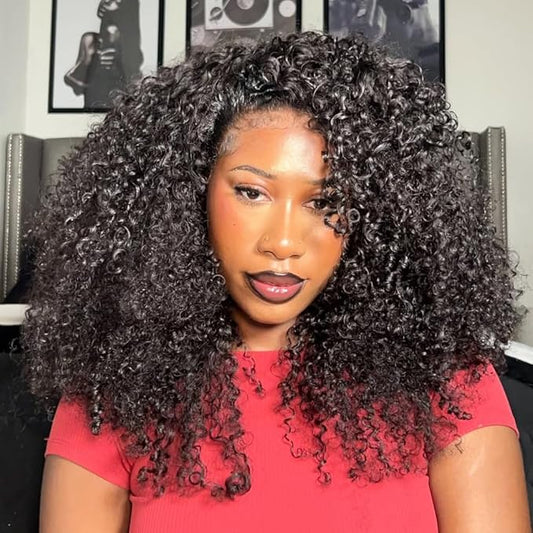 Kinky Curly Half Wig Human Hair 24 Inch Wear Go Glueless Wigs Human Hair 200% Density Curly Half Wigs for Black Women Human Hair Afro Curly Seamless Flip Wig Invisible Hairline