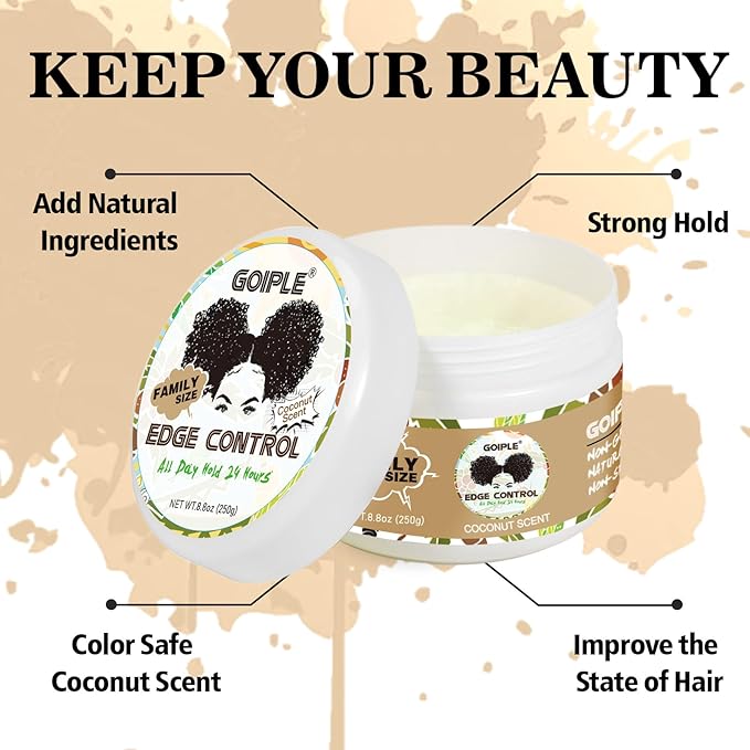 8.8 OZ Edge Control Wax for Women Strong Hold Non-greasy Edge Control Smoother Edge Wax, Edge Wax Styling Gel Edge Control for Black Hair No Flaking, Strong Hold Water-based Edge Stay Gel Coconut