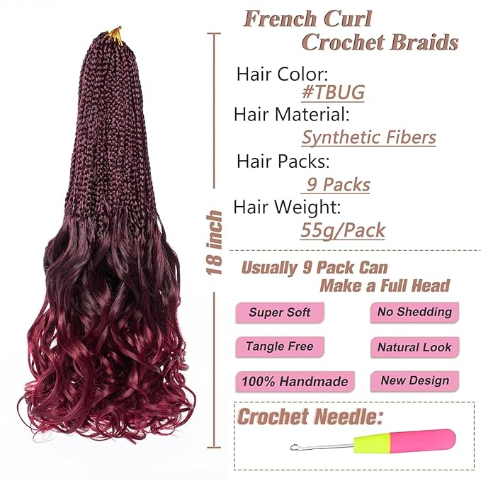 9 Packs French Curl Crochet Braids 18 Inch Ombre Burgundy Pre Looped Goddess Box Braids with Curly Ends Red Bouncy Synthetic Bohemian French Curly Braiding Hair for Women