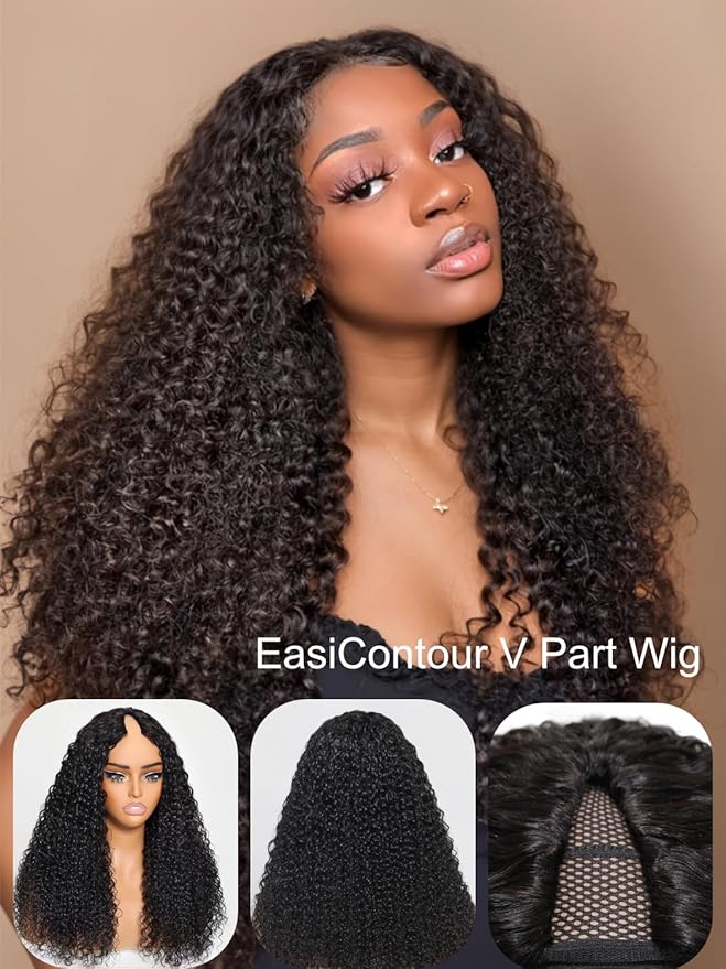 Julia Hair EasiContour 12A V Part Jerry Curly Glueless Wigs Human Hair Clip in Half Wig No Leave Out Vpart Wig Upgrade U Part Human Hair Wig for Women No Glue Beginner Friendly Natural Color 18 Inch