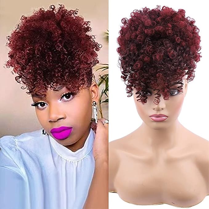 ENTRANCED STYLES Drawstring Ponytail with Bangs - Afro Puff Extensions for Women - Short Curly Clip in Wrap Updo Hairpiece (TBUG)
