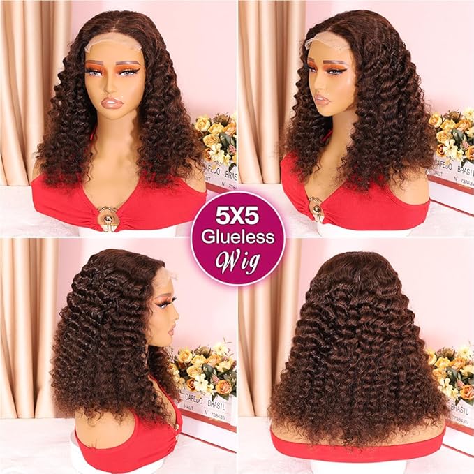 Curly Bob Wig Human Hair Deep Wave 200% Density 5x5 HD Lace Closure Wigs Human Hair Bob Wigs For Black Women Wear And Go Glueless Curly Wig Chocolate Brown Color 18 Inch