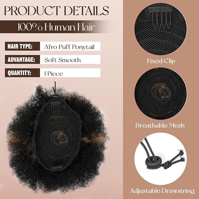 Afro Puff Ponytail for Black Women #H1-30 Black mix Copper Red 100% Human Hair Durable Natural Soft and Smooth Clip On Drawstring Ponytail