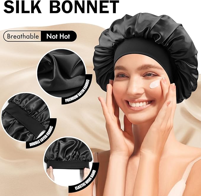 Satin Silk Bonnet for Sleeping, Double Layer Silk Sleep Cap for Men & Women, Soft Satin Lined Bonnet for Curly Hair