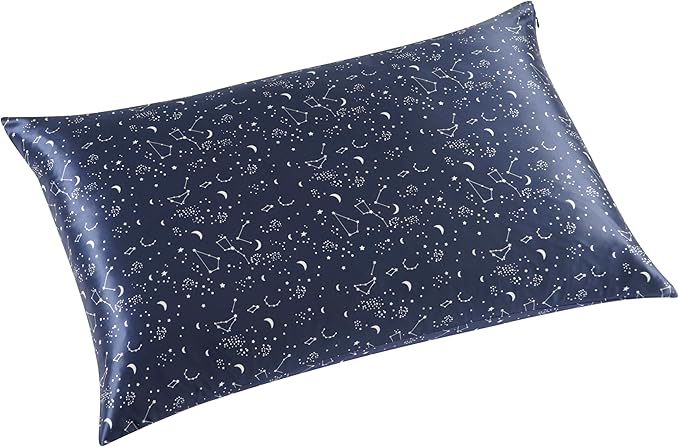 ALASKA BEAR Luxury Silk Pillowcase for Beauty Sleep, Genuine 22 Momme Mulberry Silk Pillow Case Slip for Room Decor, Navy Constellation Floral Pattern Printed, Queen Size (1pc, Gift Box)