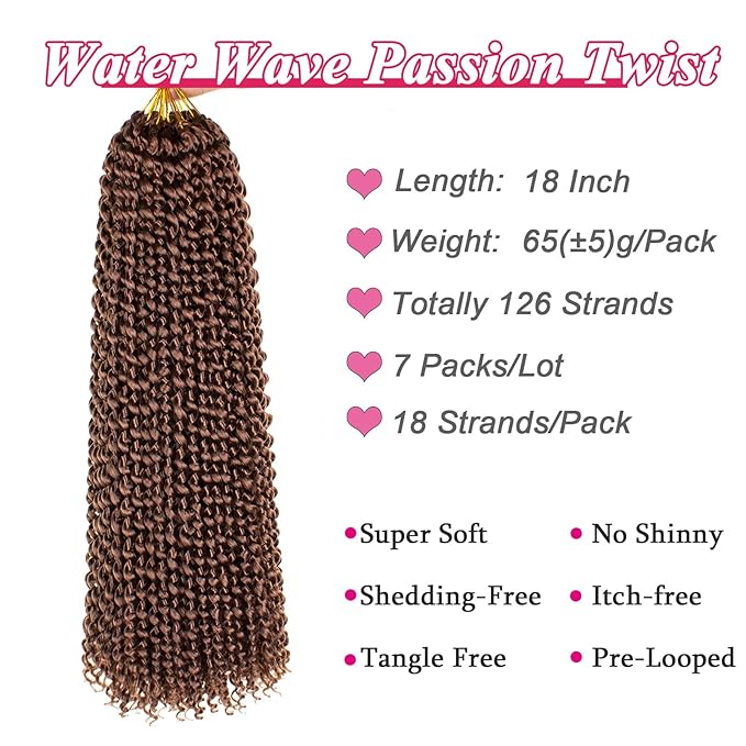 Leeven 7 Pcs Water Wave Crochet Passion Twist Hair For Butterfly Locs 18 Inch Curly Passion Twists Crochet Hair 30# 126 Roots Synthetic Hot Water Setting Braiding Hair Extensions