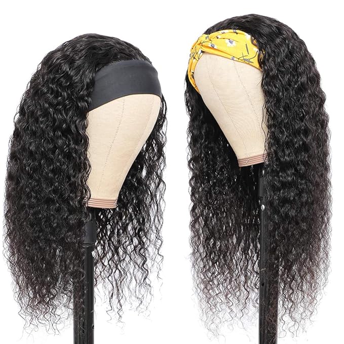 Curly Headband Wig Human Hair 10 Inch Water Wave Headband Wigs for Black Women Human Hair Glueless Brazilian Virgin Deep Wave Human Hair Headband Wig