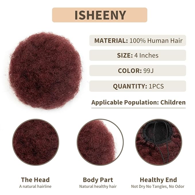 isheeny Small Human Hair Ponytail Extension For Kids 2-5 Years Old, 100% Human Hair Bun Small Drawstring Ponytail For Little Girls, Curly Hairpiece Natural, Soft, And Durable For Repeated Use