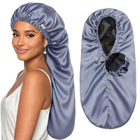 YANIBEST Long Bonnet Braid Bonnet for Sleeping Adjustable Satin Silk Bonnet for Braids Sleep Bonnet for Women Locs Ash Blue