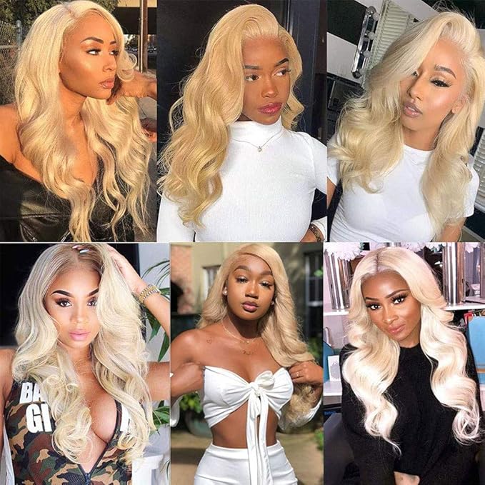 613 Blonde Body Wave Bundles Human Hair with Closure (16 18 20+14") 12A Grade Brazilian Virgin 613 Blonde Body Wave Human Hair 3 Bundles with Transparent Lace Closure