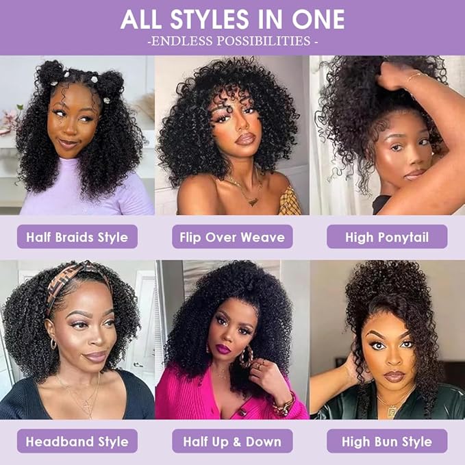 Eooma Half Wig Human Hair 220 Density Kinky Curly half wig Upgrade 3 IN 1 Drawstring Seamless Flip Glueless Wigs for Women Invisible Hairline Beginner Friendly Headband Wig 22 Inch