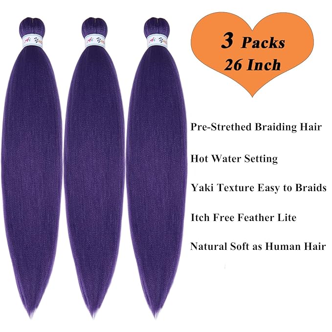 Purple Braiding Hair Pre Stretched Synthetic Braiding Hair Extensions for Braiding Box Braids Crochet Knotless Kids Micro Jumbo Pre Sectioned Braiding Hair Color 26 inch 3 pack