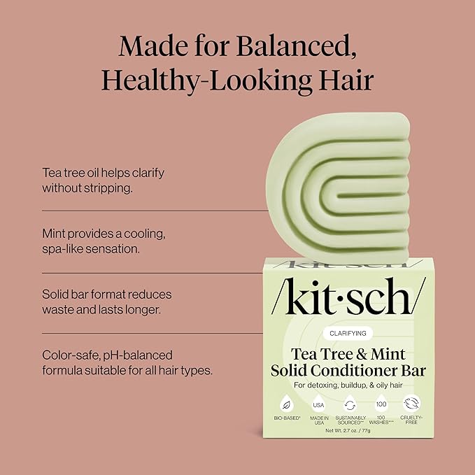 Kitsch Clarifying Tea Tree & Mint Conditioner Bar - Hair Conditioner for Scalp & Oil Control - Vegan Conditioner for Women and Men, Color-Safe, Sustainable Hair Care - Made in USA, 2.7 oz