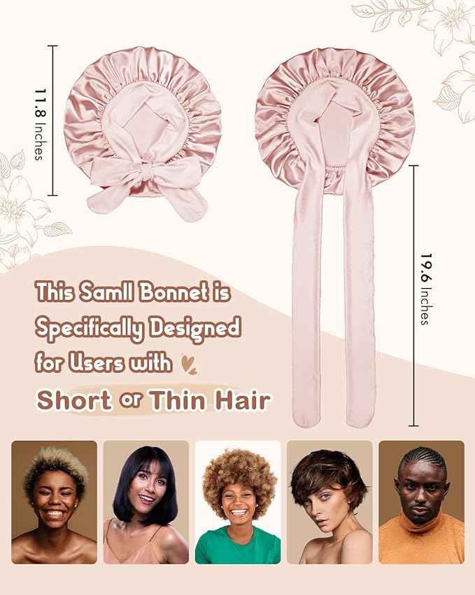 BONNET QUEEN Silk Bonnet for Sleeping Women Satin Bonnet Night Sleep Cap Wrap for Curly Hair with Adjustable Tie Band, Single Layer, Small, Cream Pink