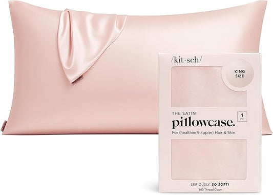 Kitsch Satin Pillowcase, Softer Than Silk Pillow Cases King, Cooling Pillow Covers, Satin Pillowcase with Zipper for Hair, Skin & Quality Sleep, Wrinkle-Free & Smooth, King Size 19"x36", Blush