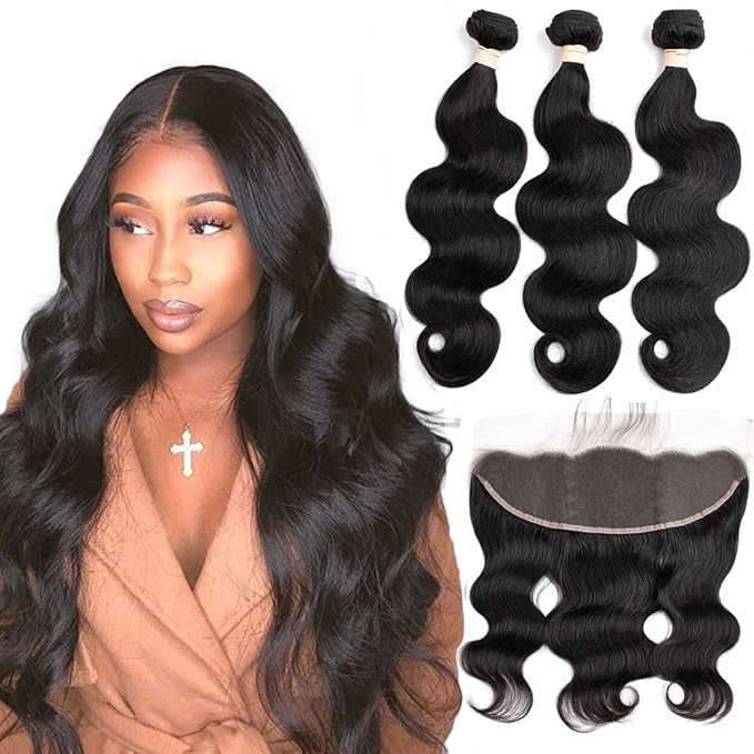 Body Wave Bundles With Frontal - 9A Grade Brazilian Virgin Human Hair - Ear to Ear Lace Frontal (16 18 20+16 Frontal, Natural Color)