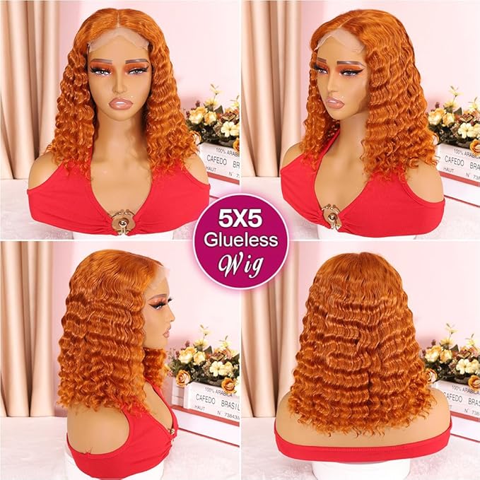 Curly Bob Wig Human Hair Deep Wave 200% Density 5x5 HD Lace Closure Wigs Human Hair Bob Wigs For Black Women Wear And Go Glueless Curly Wig Ginger Color 14 Inch