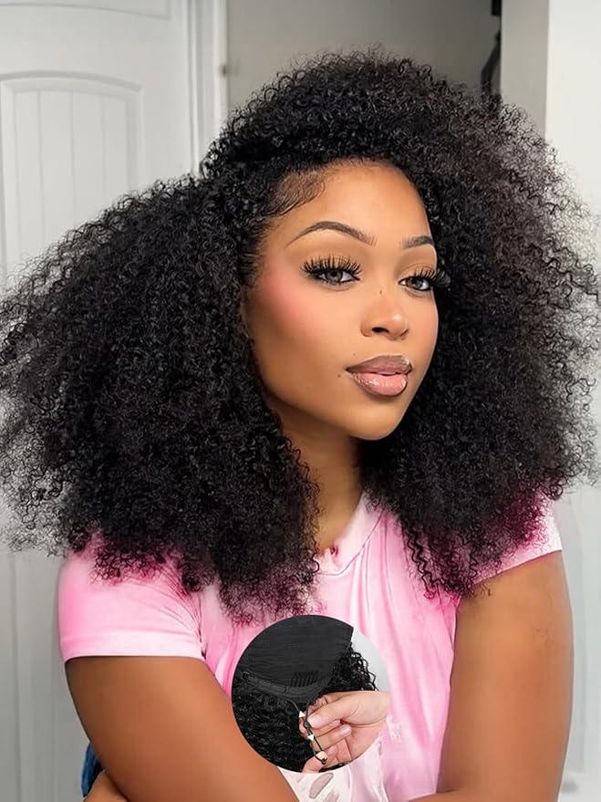Kinky Curly Half Wig Human Hair 200% Density Wear Go Glueless Wigs Human Hair 3 In 1 Drawstring Seamless Flip Over Wig for Women Daily Wear Headband Wig Beginner Friendly Black (18inch)