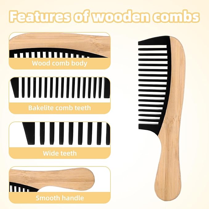 2pcs Wooden Wide Tooth Comb, Anti-Static Large Bamboo Gentle Detangling Hair Comb with Big Bakelite Teeth Detangler Brush for Women Curly Wavy Hair Stylist Essentials Products Care Tools